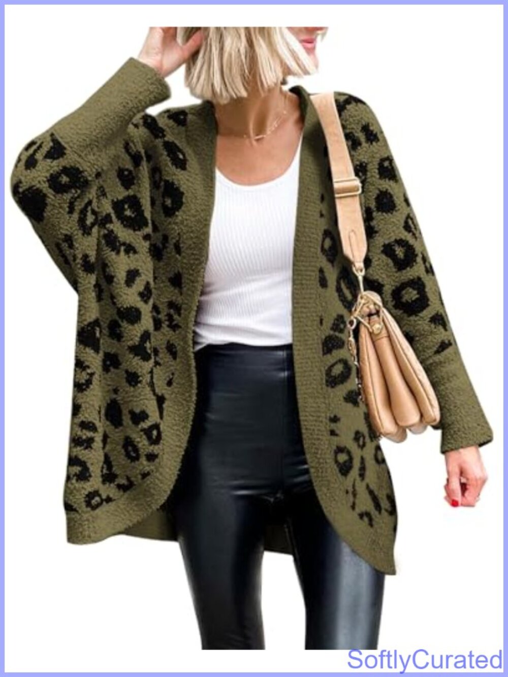 BTFBM Leopard Knit Cardigan Batwing Sleeve Open Front Women's Fall Sweater